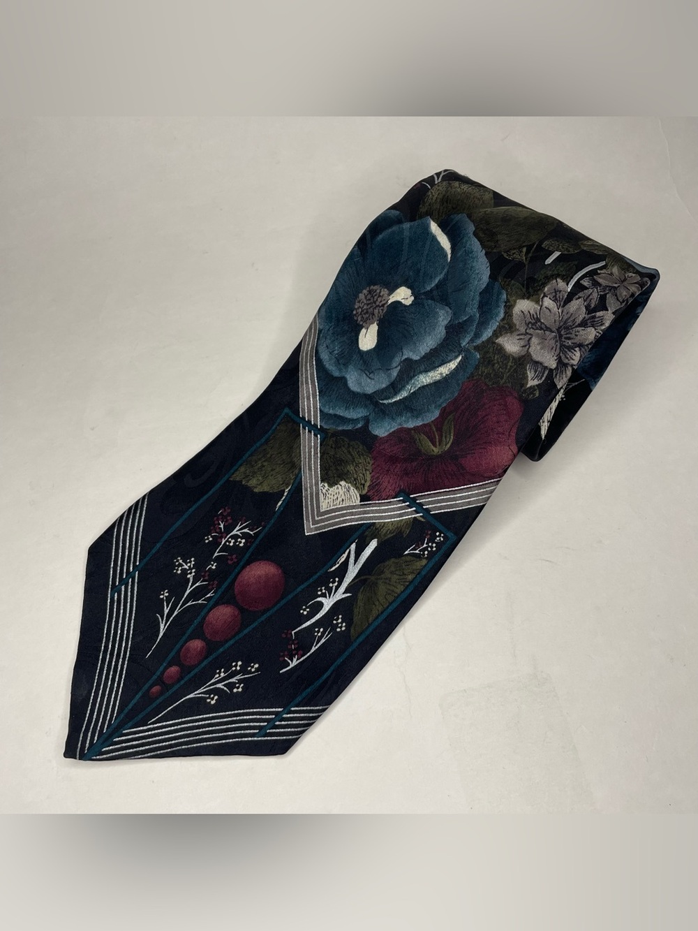 VTG Chez Roffe Silk Necktie 60" Floral Cherry Blossom Iris Nature Botanical Corp